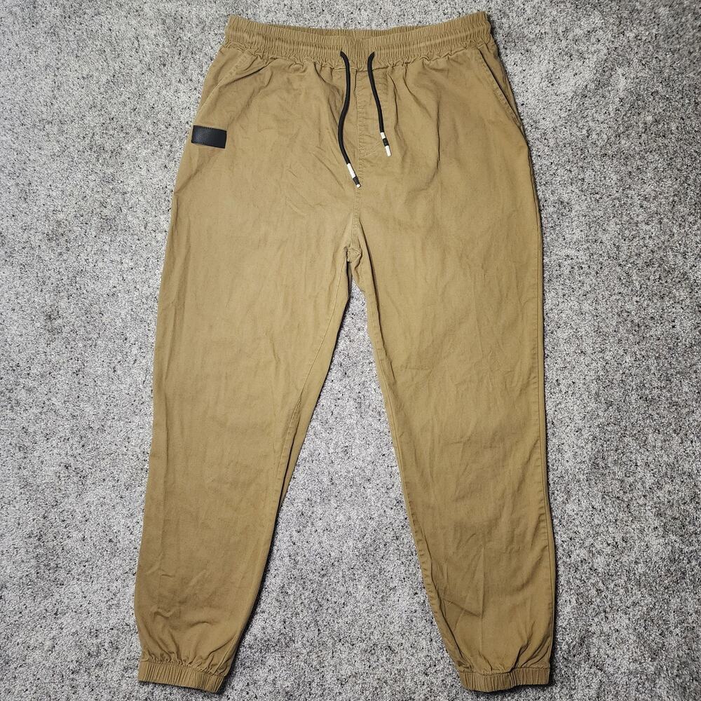Shein jogger Mens Large Khaki Pants Leather Front‎ and Back Patches EUC